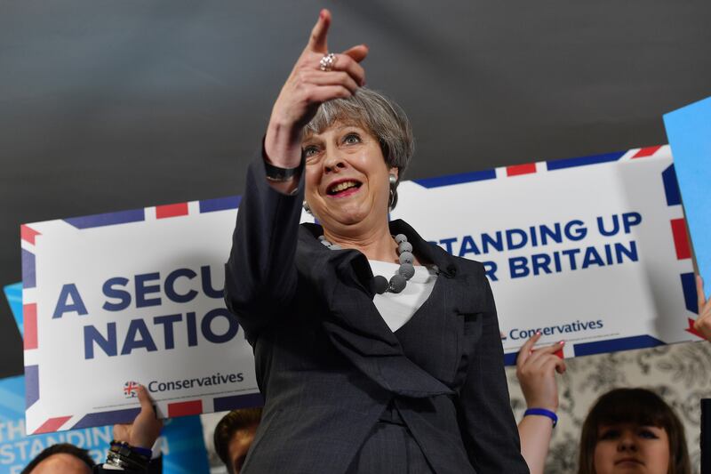 Ms May delivers a speech during an election campaign visit to Stoke-on-Trent in June 2017, before Britain went to the polls to vote in a general election