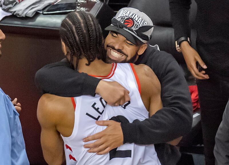 Canadian rapper Drake congratulates Toronto Raptors forward Kawhi Leonard after the Toronto Raptors won the NBA Eastern Conference.. EPA