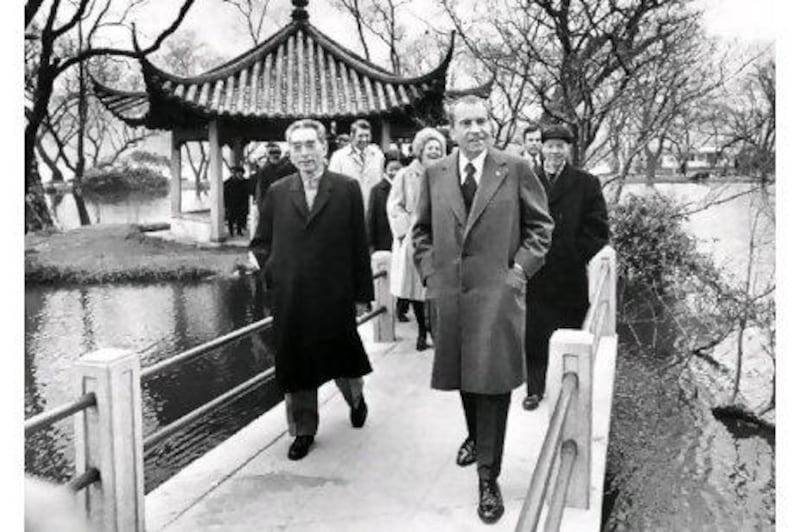 Hands in pockets, President Richard Nixon takes a walk during his trip to China in February 1972.