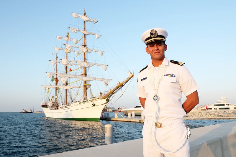 Edgar Gonzalez, mizzenmast officer with the Mexican naval training ship 'ARM Cuauhtemoc'  at Port Rashid, Dubai. The ship docked in the UAE as part of Mexico’s Expo 2020 Dubai participation. Pawan Singh / The National