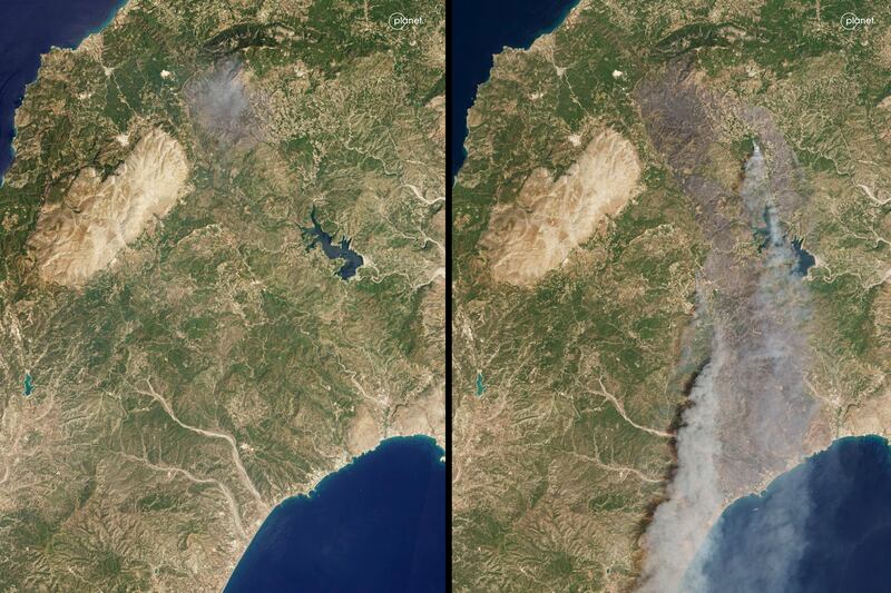 Satellite images taken on July 20, left, and July 23 show the spread of the fires on Rhodes. AP