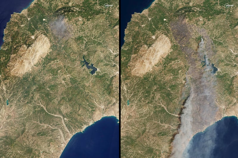 Satellite images taken on July 20, left, and July 23 show the spread of the fires on Rhodes. AP