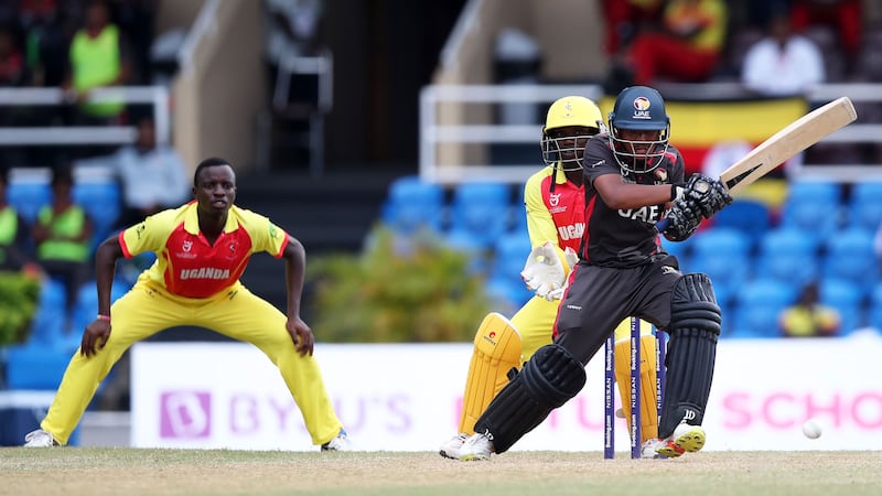 UAE's Aayan Afzal Khan plays a shot during the ICC U19 Men's Cricket World Cup Plate quarter-final against Uganda at Queen's Park Oval on January 25, 2022 in Port of Spain. The Emirates held out for a one-run win. All photos: ICC