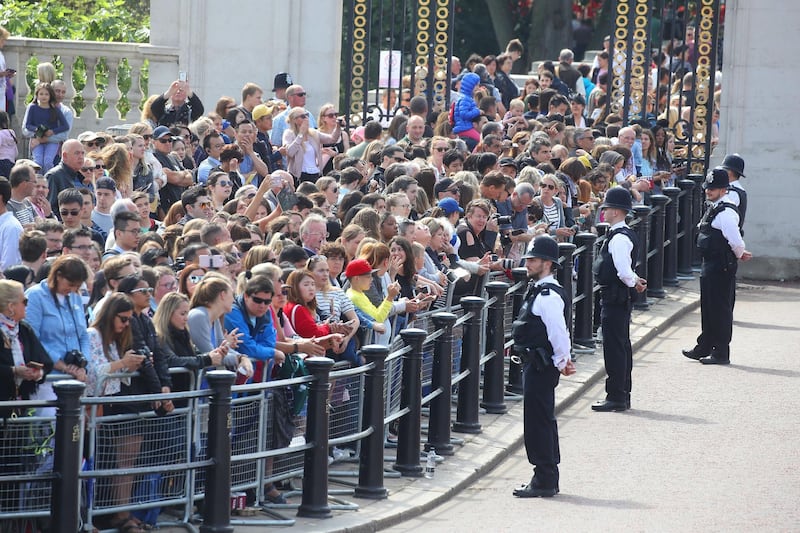 Crowds line the Mall by Buckingham Palace during Trooping The Colour on the Mall in London, England. The annual ceremony involving over 1400 guardsmen and cavalry, is believed to have first been performed during the reign of King Charles II. The parade marks the official birthday of the Sovereign, even though the Queen's actual birthday is on April 21st.  Photo by Chris Jackson / Getty Images