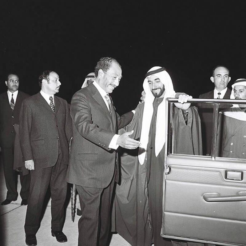 President Anwar Sadat of Egypt visits the UAE in 1974. Al Ittihad.