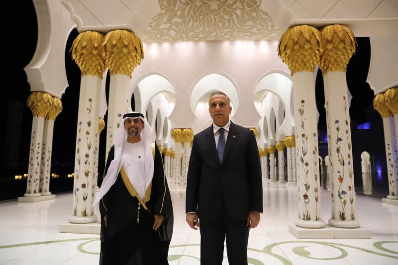 Mustafa Al Kadhimi, Prime Minister of Iraq visits Sheikh Zayed Grand Mosque, accompanied by Suhail bin Mohammed Al Mazrouei, Cabinet Member and Minister of Energy and Infrastructure. WAM