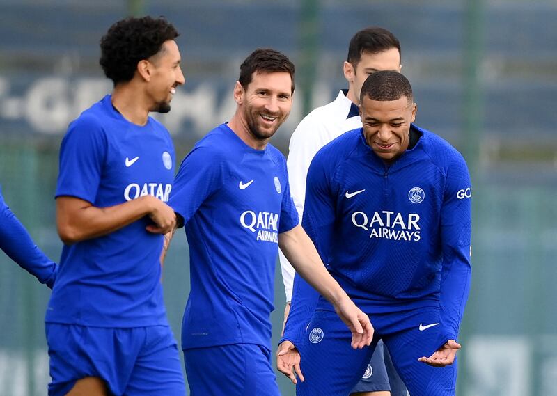 Paris Saint-Germain's Marquinhos, Lionel Messi and Kylian Mbappe during a training session ahead of their Champions League match against Juventus. AFP