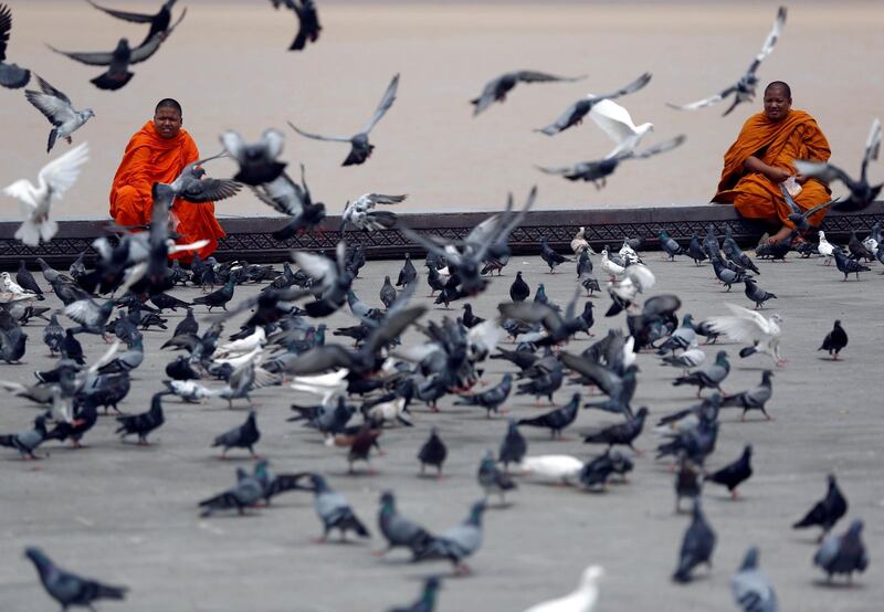 Buddhist monks feed birds at the river bank in front of the Royal Palace in Phnom Penh, Cambodia. Samrang Pring/Reuters