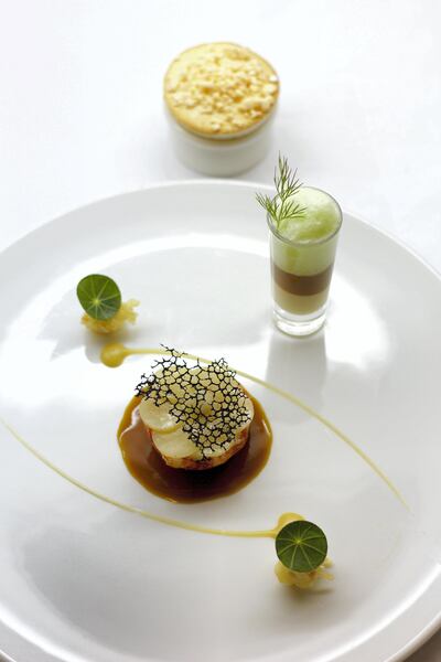 A blue lobster dish by chef Gregoire Berger of Ossiano
