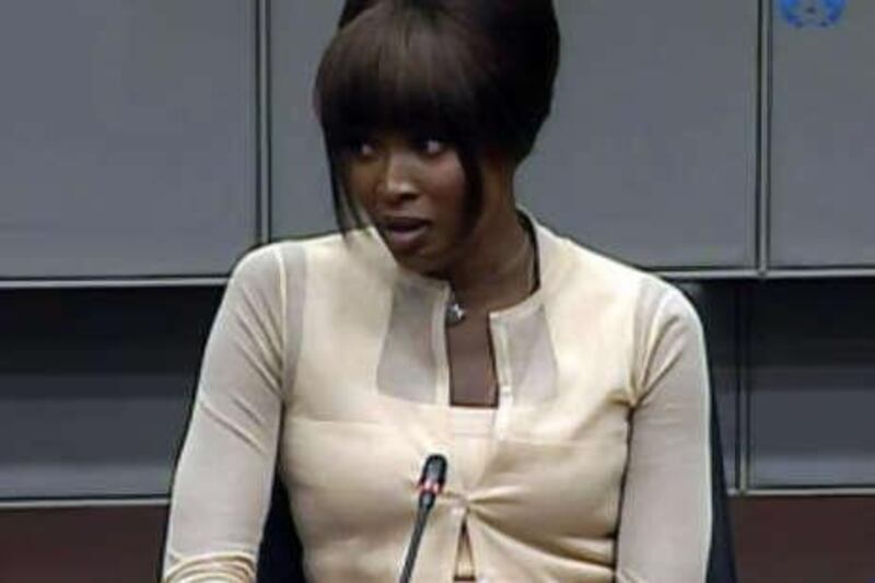 A picture grabbed on the site of the Special Tribunal for Sierra Leone shows British supermodel Naomi Campbell answering questions at the UN-backed Special Court for Sierra Leone in Leidschendam.