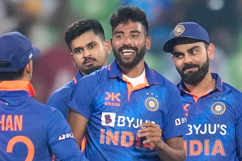 Mohammed Siraj celebrates the dismissal of Wanindu Hasaranga de Silva. AP