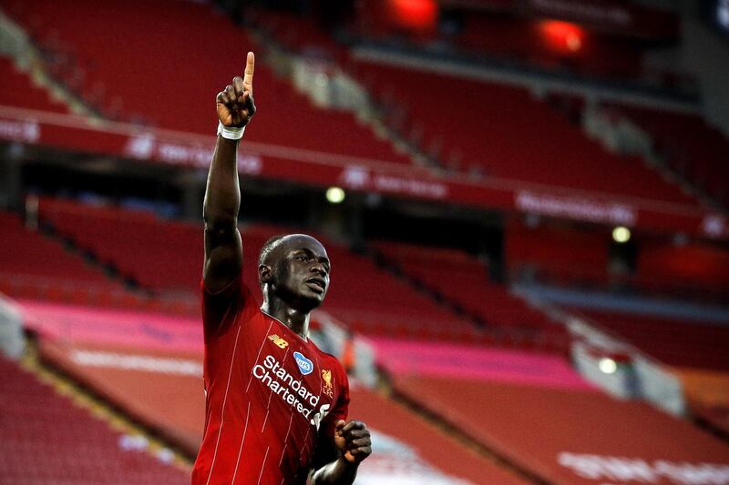 June 24, 2020, Liverpool 4 Crystal Palace 0: Sadio Mane celebrates after scoring the final goal. EPA