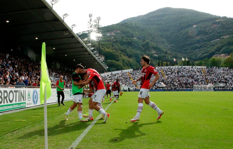 AC Milan's Daniel Maldini celebrates scoring against Spezia in ther Serie A match at the Stadio Alberto-Picco on Saturday, September 25. Reuters