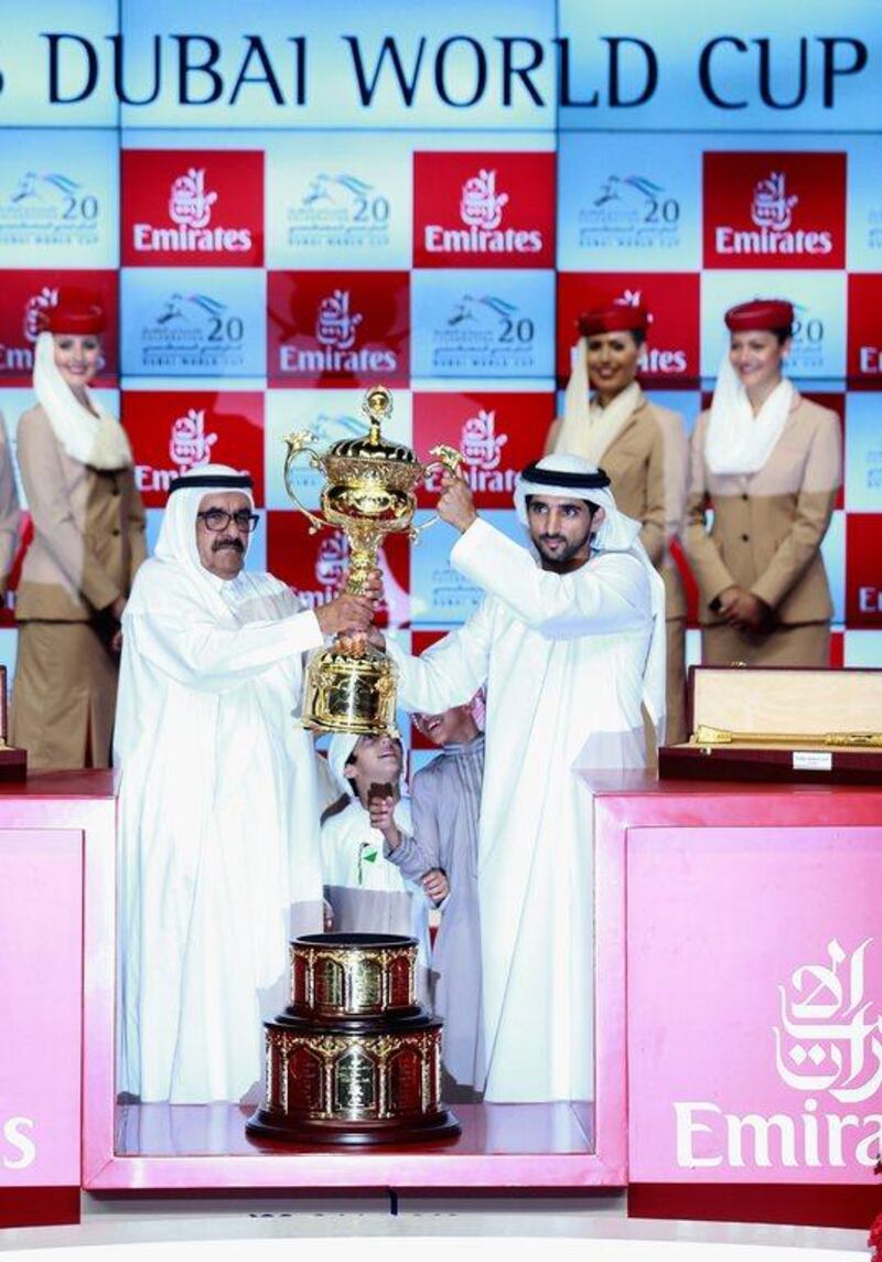 Sheikh Hamdan bin Rashid and Sheikh Hamdan bin Mohammed, Crown Prince of Dubai, celebrate winning the 2015 Dubai World Cup. Getty