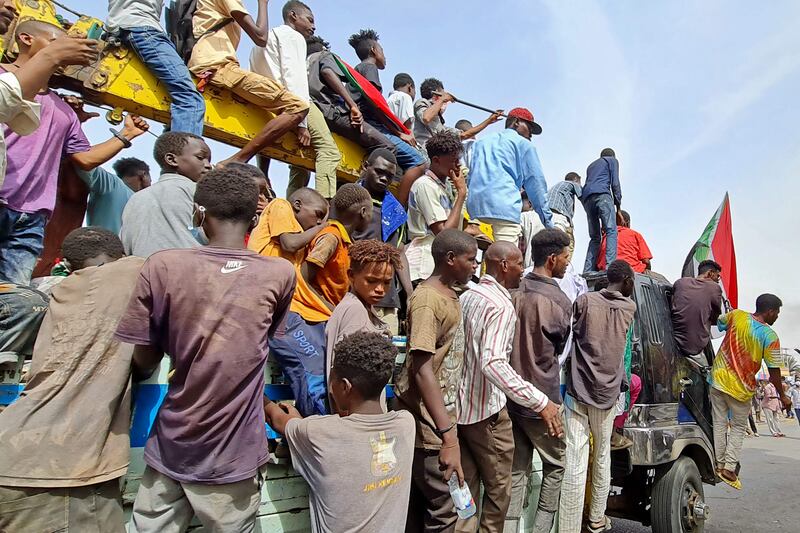 Demonstrators on the move in Khartoum's northern Bahari district. AFP