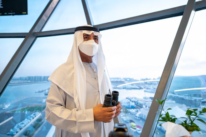 Sheikh Nahyan bin Mubarak, Minister of Tolerance and Coexistence, enjoys the view from Shams Tower. Photo: Mohamed Al Hammadi / Ministry of Presidential Affairs
