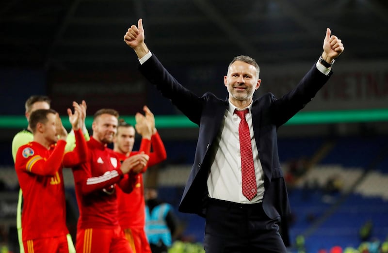 Wales manager Ryan Giggs celebrates after beating Hungary 2-0 at Cardiff City Stadium. Reuters