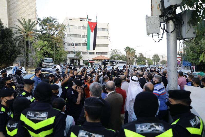 A small group of Jordanians protest against the French caricatures of Muslim's Prophet Muhammad in the area of the French embassy in Amman, Jordan. EPA