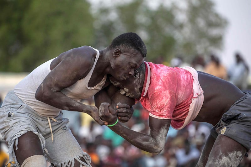 Wrestlers compete during a traditional Nuba wrestling competition in Sudan's capital Khartoum.