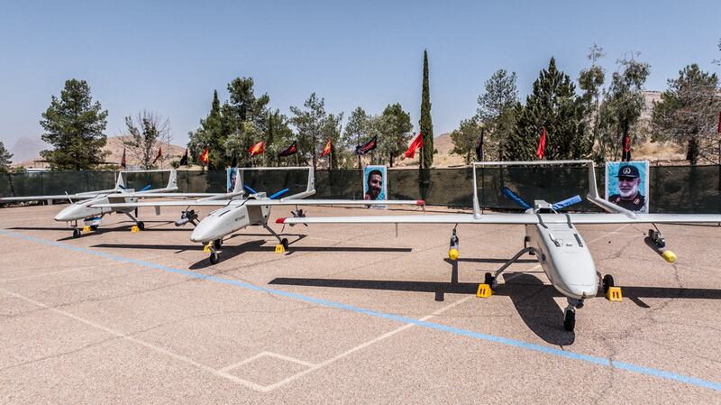 Iranian drones on display at an Islamic Revolutionary Guard Corps joining ceremony. Reuters