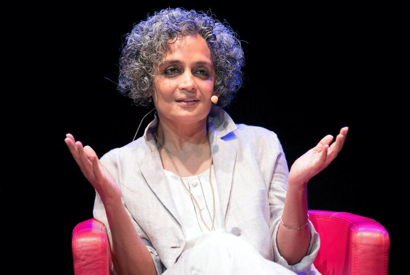 epa06024925 Indian Suzanna Arundhati Roy, author and political activist involved in human rights and environmental causes, gestures during the presentation of her book 'The Ministry of Utmost Happiness' at the Parco della Musica Auditorium in Rome, Italy, 12 June 2017.  EPA/GIORGIO ONORATI *** Local Caption *** 53581694