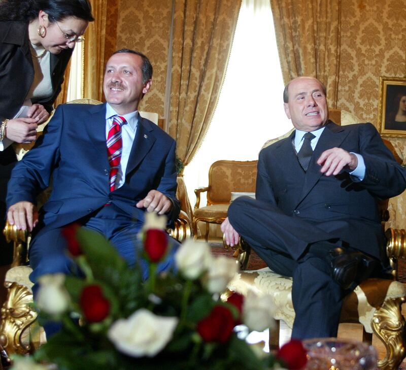 Mr Berlusconi meets Recep Tayyip Erdogan, the leader of the Islamist-based party set to form a new government in in Turkey, during his visit to Rome in November 2002.  AFP 