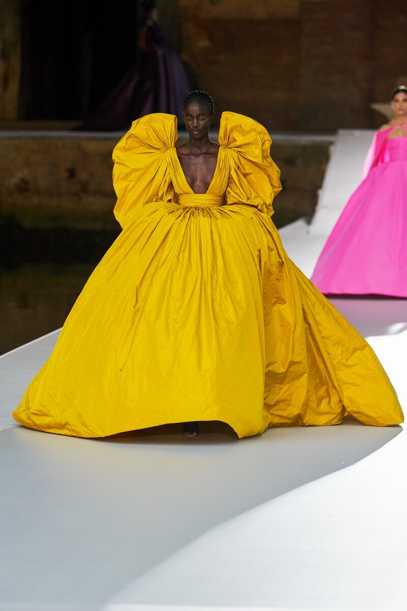 A dramatic gown in mustard, for Valentino haute couture autumn 2021