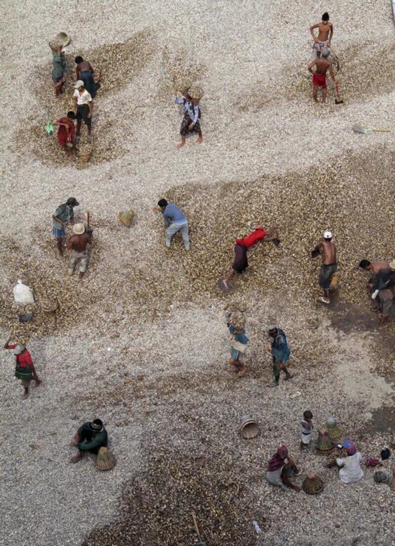 Myanmar daily wage labourers unload sand at a construction site in Yangon, Myanmar. Khin Maung Win / AP Photo