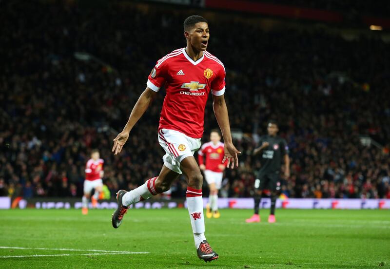 MANCHESTER, ENGLAND - FEBRUARY 25:  Marcus Rashford of Manchester United celebrates scoring his team's second goal during the UEFA Europa League Round of 32 second leg match between Manchester United and FC Midtjylland at Old Trafford on February 25, 2016 in Manchester, United Kingdom.  (Photo by Alex Livesey/Getty Images)