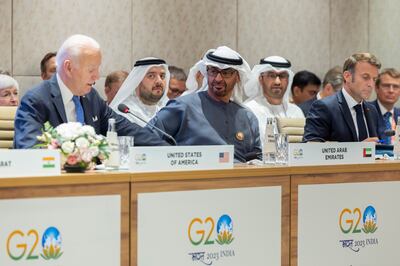 President Sheikh Mohamed attends the India-Middle East-Europe Economic Corridor announcement on the sidelines of the G20 Summit in New Delhi last week. Ryan Carter / UAE Presidential Court