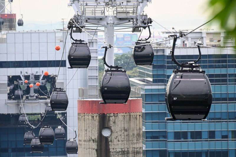 Cable car carriages ply between Mount Faber hill and Sentosa island in Singapore. AFP