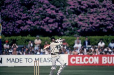 Indian cricket captain Kapil Dev during his record innings of 175 not out off 138 balls against Zimbabwe in the Cricket World Cup at Nevill Ground, Tunbridge Wells, Kent, 18th June 1983. India won the match by 31 runs and later won the tournament. (Photo by Trevor Jones/Getty Images)  