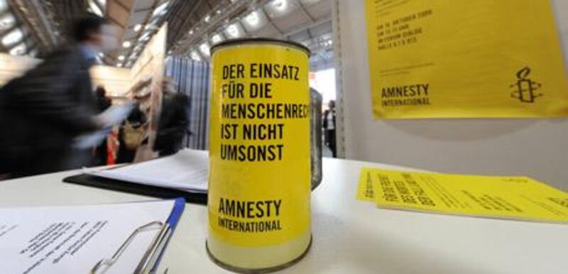 An Amnesty International stand at the Frankfurt Book Fair calls attention to the case of Chinese dissident writer Liao Yiwu, who could not attend because he was denied a passport.