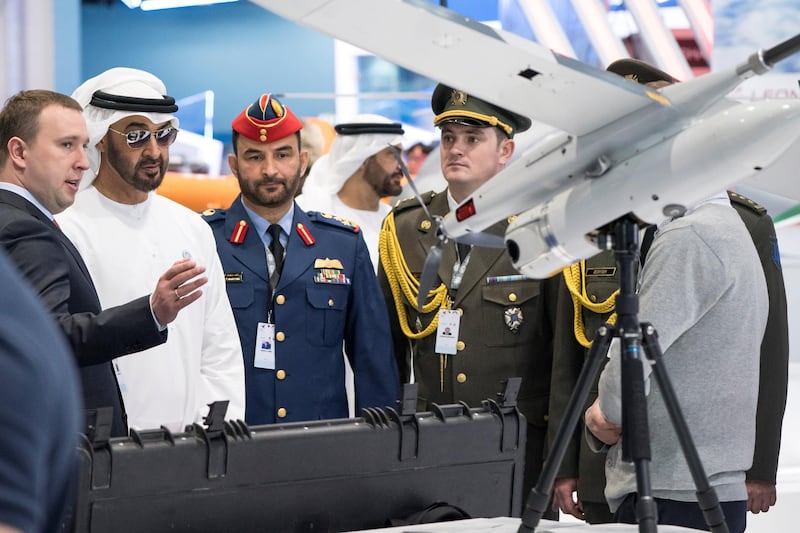 ABU DHABI, UNITED ARAB EMIRATES - February 27, 2018: HH Sheikh Mohamed bin Zayed Al Nahyan, Crown Prince of Abu Dhabi and Deputy Supreme Commander of the UAE Armed Forces (2nd L), visits the Spets Techno Export stand while touring the Unmanned Systems Exhibtion and Conference (UMEX) 2018 at the Abu Dhabi National Exhibition Centre (ADNEC).  
( Ryan Carter for the Crown Prince Court - Abu Dhabi )
---