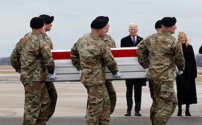 President Joe Biden and first lady Jill Biden pay their respects as the bodies of the three troops killed in Jordan are returned to the US. Getty / AFP