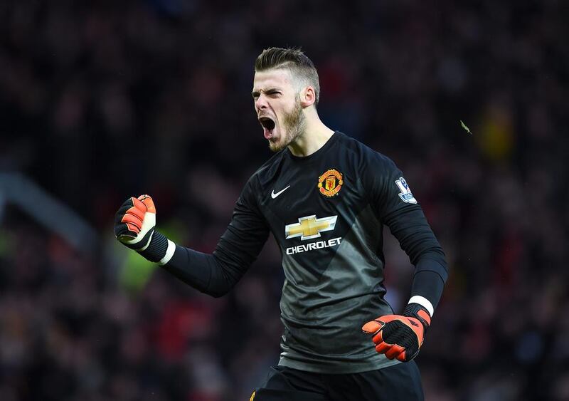 David De Gea of Manchester United celebrates during their Premier League win over Liverpool on Sunday at Old Trafford. Shaun Botterill / Getty Images