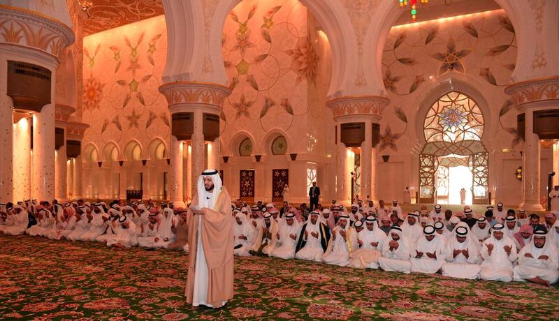 Men answer President Sheikh Khalifa's call to pray for rain in Sheikh Zayed Mosque in Abu Dhabi. Wam
