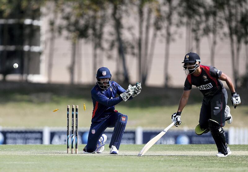 Dubai, March, 16, 2019: Shaiman Anwar of UAE in action during their match against USA in the T20 match at the ICC Academy in Dubai. Satish Kumar/ For the National / Story by Paul Radley