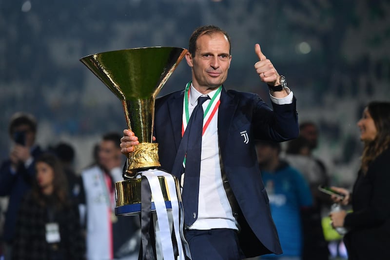 TURIN, ITALY - MAY 19: Head coach Massimiliano Allegri of Juventus celebrates during the awards ceremony after winning the Serie A Championship during the Serie A match between Juventus and Atalanta BC on May 19, 2019 in Turin, Italy. (Photo by Tullio M. Puglia/Getty Images)