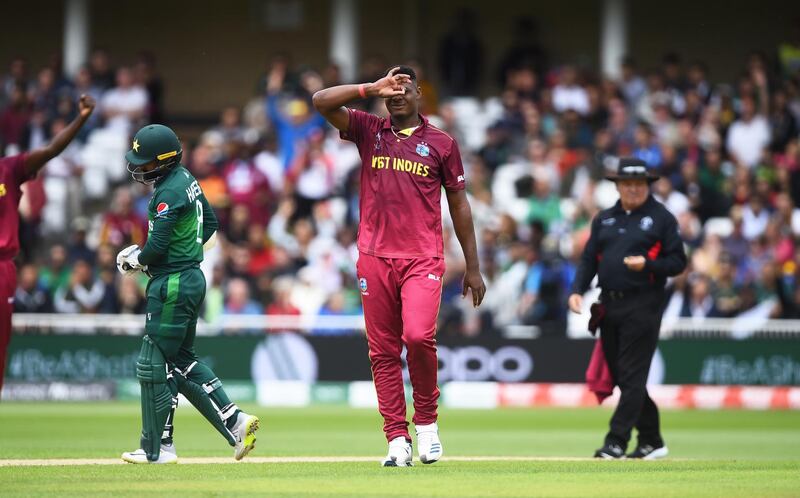 Oshane Thomas of West Indies celebrates getting Mohammad Hafeez of Pakistan out . Getty