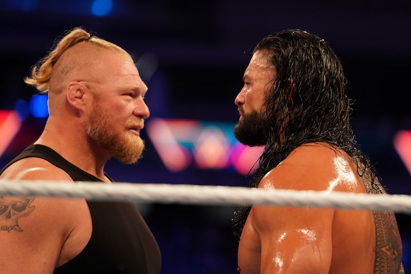 Brock Lesnar and Roman Reigns have a stare down at WWE SummerSlam. Photo: WWE