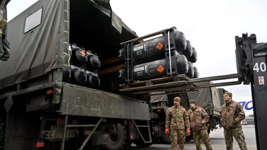 Ukrainian servicemen load a truck with the FGM-148 Javelin, an American man-portable anti-tank missile provided by US to Ukraine as part of continued military support, in Kyiv, Ukraine. AFP