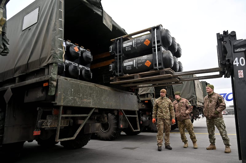 Ukrainian servicemen load a truck with the FGM-148 Javelin, an American man-portable anti-tank missile provided by US to Ukraine as part of continued military support, in Kyiv, Ukraine. AFP