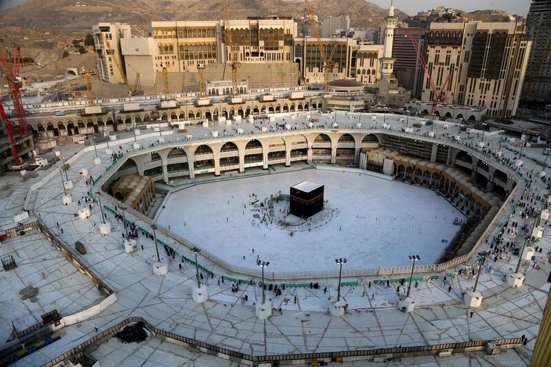 The white-tiled area surrounding the Kaaba is shown empty of worshippers. AFP