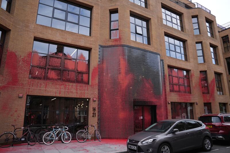 Labour headquarters in London after the building was covered in red paint by a pro-Palestinian protest group. PA