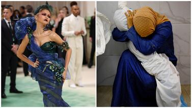 When two worlds collide … Zendaya arrives on the red carpet for the 2024 Met Gala, left, and grieving Palestinian mother Inas Abu Maamar embraces the body of her 5-year-old niece Saly, who was killed in an Israeli air strike in Gaza. EPA / Reuters