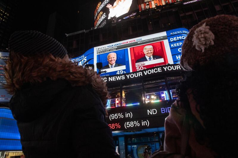 North Carolina election results for the 2020 U.S. presidential election displayed on a  monitor in the Times Square neighborhood of New York, U.S., on Tuesday, Nov. 3, 2020. President Donald Trump has once again defied polls and predictions, with a strong showing across the Sun Belt in early results appearing to significantly shrink Democratic nominee Joe Biden's path to victory. Photographer: Jeenah Moon/Bloomberg