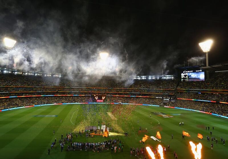 Fireworks and confetti are let off inside the MCG to celebrate Australia’s victory. Robert Cianflone / Getty Image
