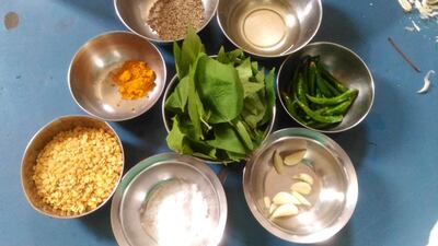 The ingredients for Ambadi Bhaji's stew with sorrel leaves, as seen in the new e-book 'Food Memories of Migrant Women'. Courtesy Ambadi Bhaji