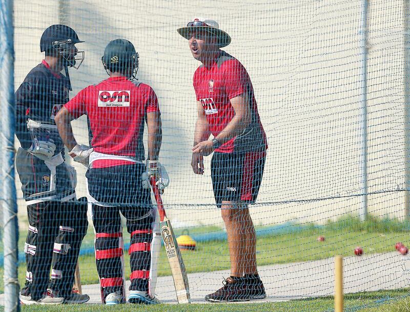 Paul Franks with UAE cricketers at a training session in July. Satish Kumar / The National